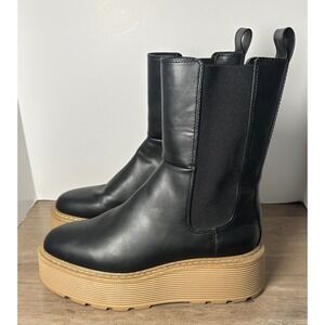 Chunky Platform‎ Chelsea Boots Black Faux Leather Lug Sole Women's Size 8.6